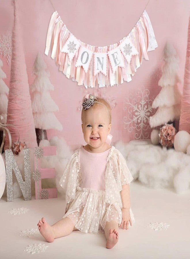 beaded Snowflake One High Chair Banner - Girl's 1st Birthday Party Banner, Winter Wonderland Decorations, Smash Cake Photo Props, Pink - Image 3